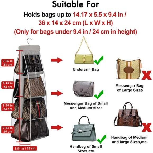 Lirex Hanging Purse Organizer 8 Pocket Closet Handbag Storage Holder Black - Picture 3 of 7